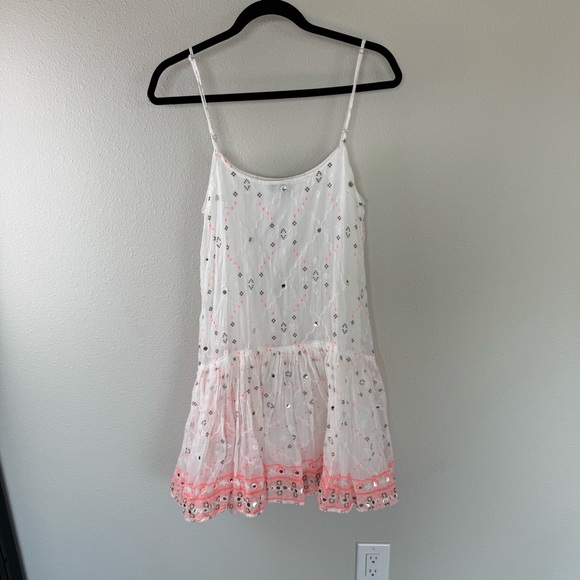Juliet Dunn Nomad Embroidered Mirrored Cotton Mini Dress White Coral Boho 6/8 - Picture 10 of 15